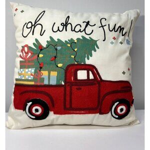 Christmas Pillow With Red Truck & Holiday Gifts  17'' x 17" Embroidered